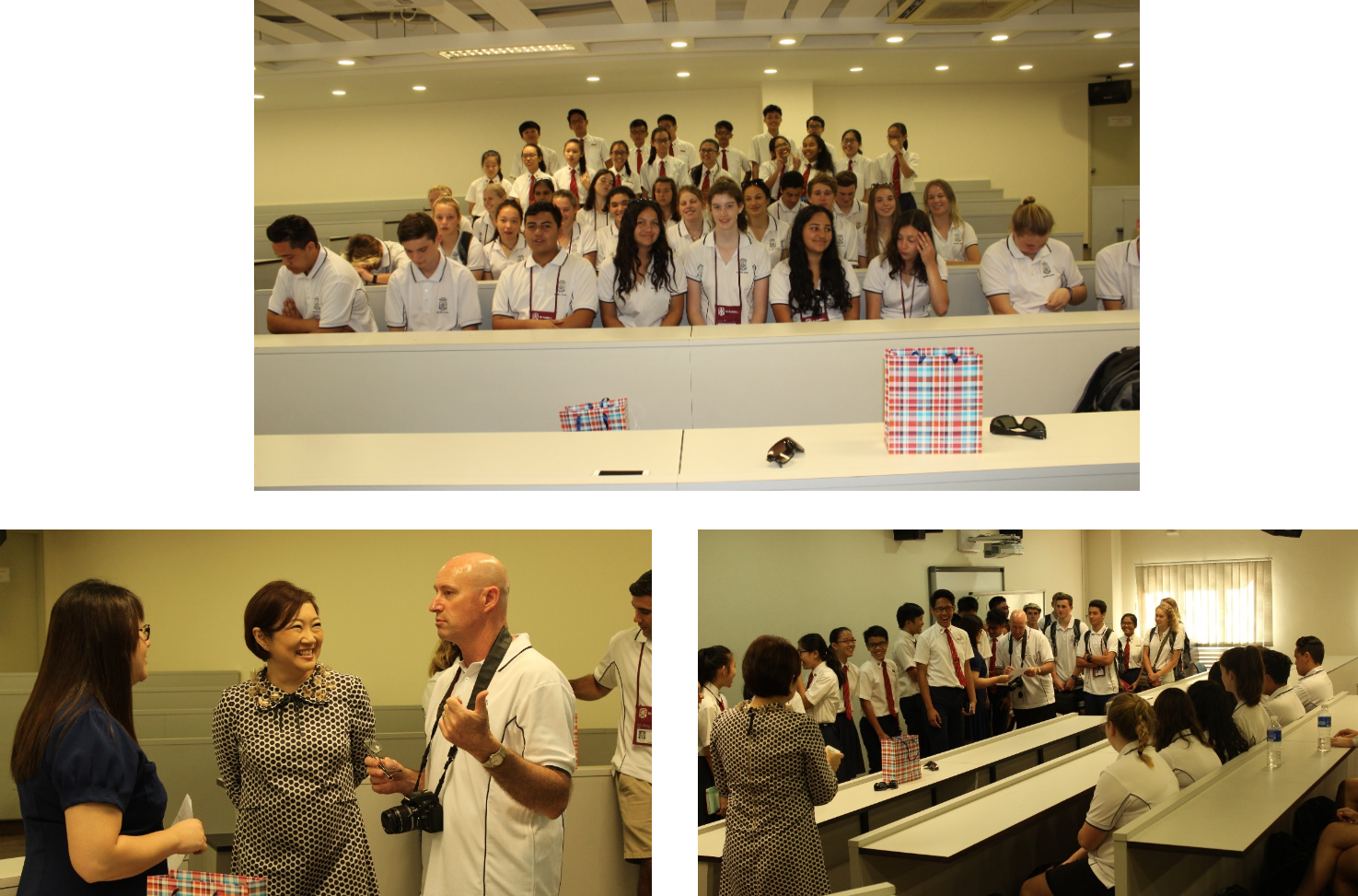 Students in white uniforms gathered in a lecture hall, with adults conversing and a group meeting in a classroom setting.